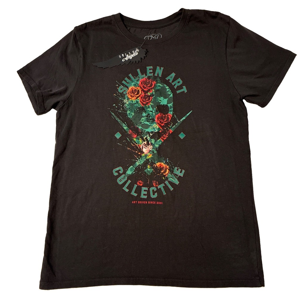 SULLEN Angels Women's S Rose Splatter PUNK GOTH INK TATTOO BLACK T-SHIRT Tee NWT